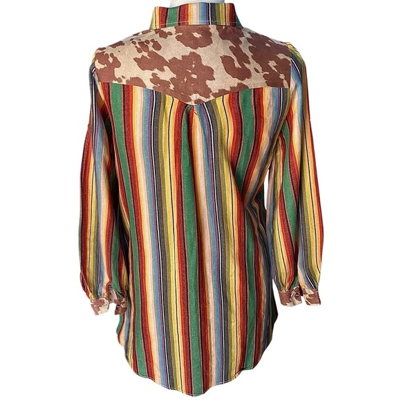 Fashion Express Striped Western Mini Shirt Dress Cow Print Accent Button Up Sz M - Picture 3 of 16